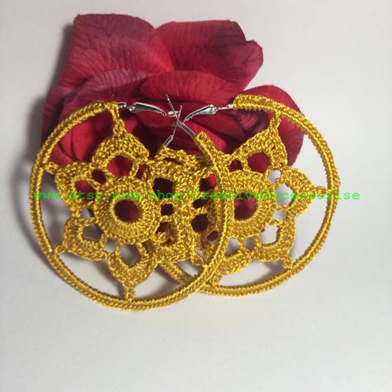 Crochet goldencolor round hoop earrings crochet earrings Etsy