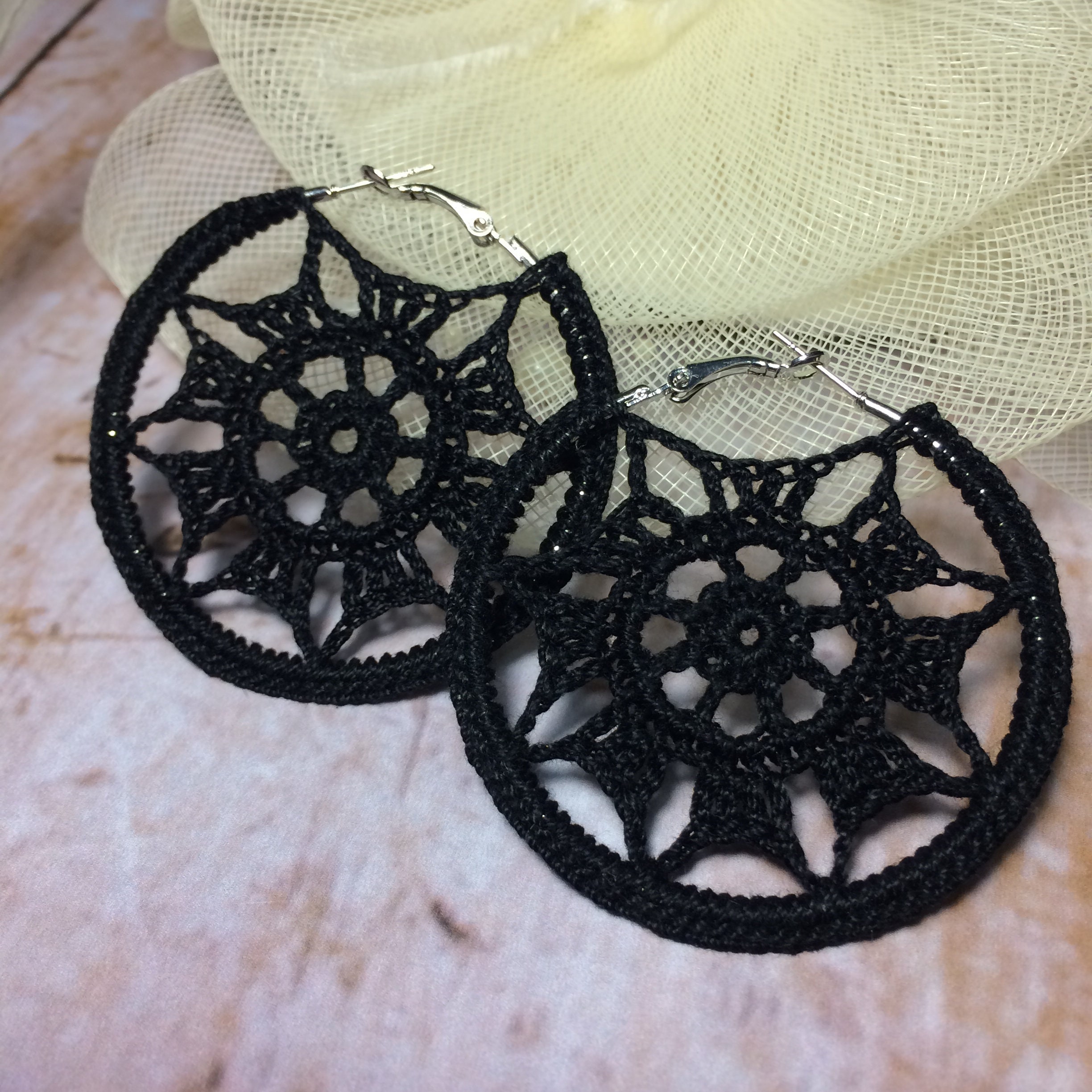 Crochet black hoop earrings crochet earring crochet flower Etsy