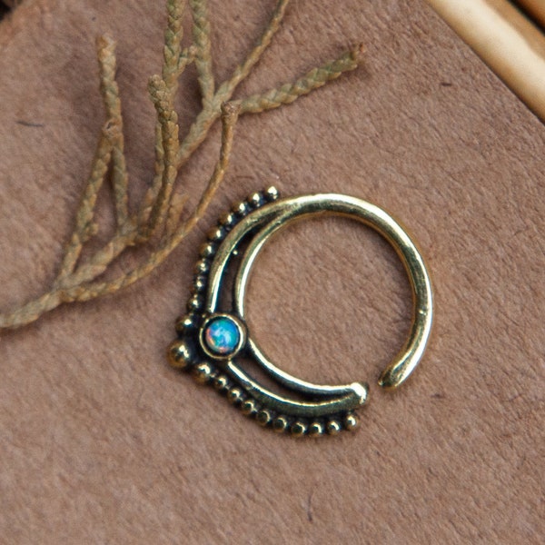 Septum Ring,  1.2mm (16g),  Nose Piercing, Septum Jewerly, Brass and White Opal | Organika Tribal