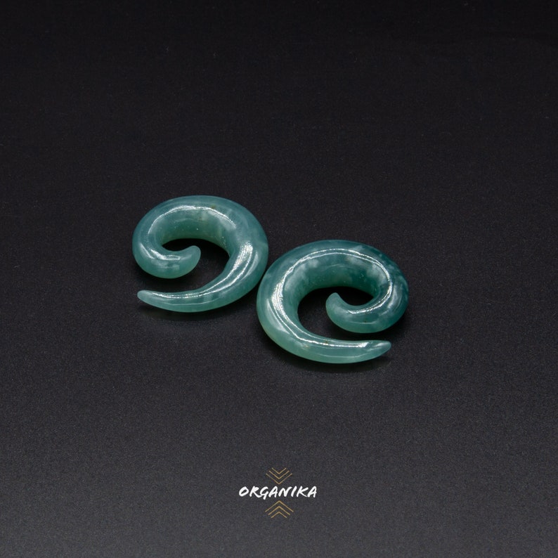 Blue Translucent Jade Guatemalan Princess Jade Spiral Ear Hangers for Stretched ears PAIR Blue Jade Ear Weights Organika Tribal