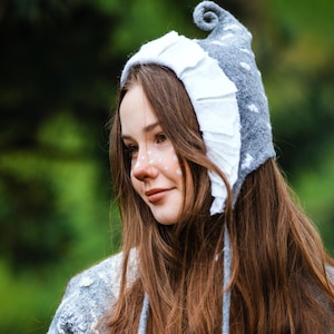 Felted Toadstool Bonnet, Grey Mushroom Hat, Wool Pixie Hood, Fairy Core Headwear, Cottagecore Bonnet with White Dots, Fantasy Cosplay Winter