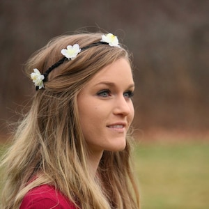 White flower floral headband crown on black braided leather elastic adjustable