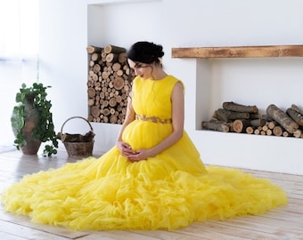 Baby shower dress, Maternity dress, Yellow Maternity gown for photoshoot, Maternity clothes
