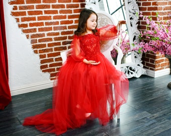 Red princess dress, Red girl dress, First birthday dress, Flower girl dress, Tutu dress, Christmas dress