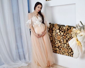 Beige maternity dress, Dress for Baby shower, Maternity gown, Dress for maternity photoshoot