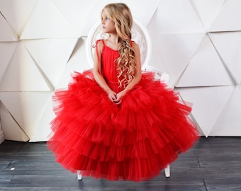 Red flower girl dress for Christmas party