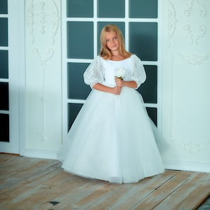 White satin dress, Flower girl dress, First communion dress, Baptism dress, Baby girl dress