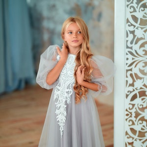 Dusty Blue Flower girl dress, Tutu Dress, Grey Party dress , Lace Flower girl Dress tulle , Long sleeve Dress, Baptism Gown for Baby Girl