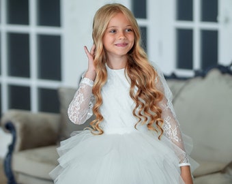 Tulle flower girl dress, Ivory flower girl dress, Princess dress, White flower girl dress, First communion dress, Baptism dress