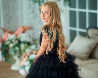 Black tulle dress, Flower girl dress, Princess dress, Party dress