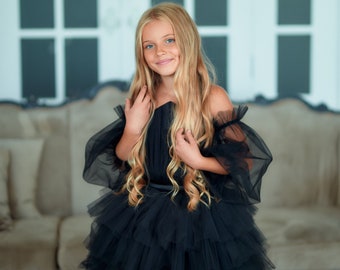 Black Pageant Dress, Black flower girl dress, Junior bridesmaid dress, Flower girl dress toddler, Tulle dress for photo shoot