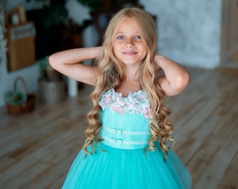 Turquoise flower girl dress , Tulle flower girl dress, Princess dress, Tutu girl dress, Satin girl dress , Flower girl dress with train