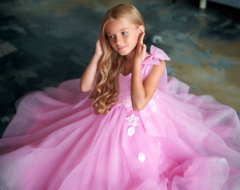 Pink  flower girl dress , Floral Floor Length Ball Gown , Tulle flower girl dress, Princess dress, Family photo dress, Toddler formal dress