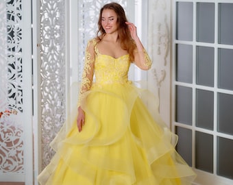 Yellow evening long dress, Corset dress, Prom tulle dress, Dress for photoshoot