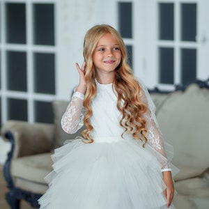 Tulle flower girl dress, Ivory flower girl dress, Princess dress, White flower girl dress, First communion dress, Baptism dress