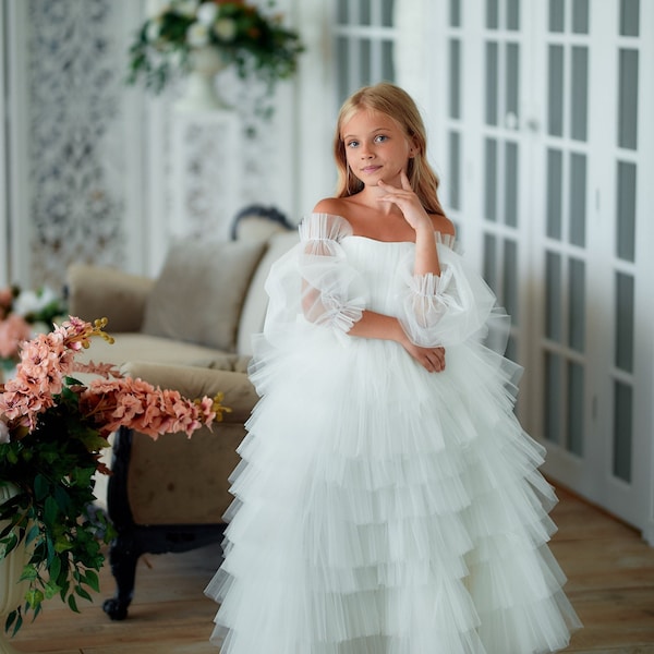 Abito da ragazza di fiori in avorio, abito da prima comunione, abito da damigella d'onore junior, abito da ragazza di fiori per bambini, abito in tulle per servizio fotografico