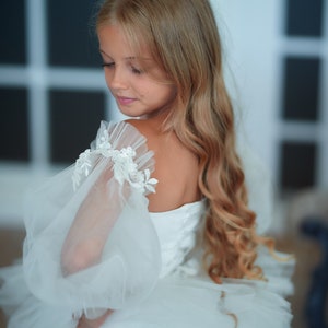 Ivory long sleeve dress, Flower girl dress with lace sleeves, First communion dress, Junior bridesmaid dress, Tulle dress for photo shoot