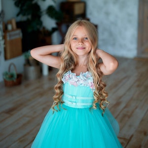 Turquoise flower girl dress , Tulle flower girl dress, Princess dress, Tutu girl dress, Satin girl dress , Flower girl dress with train