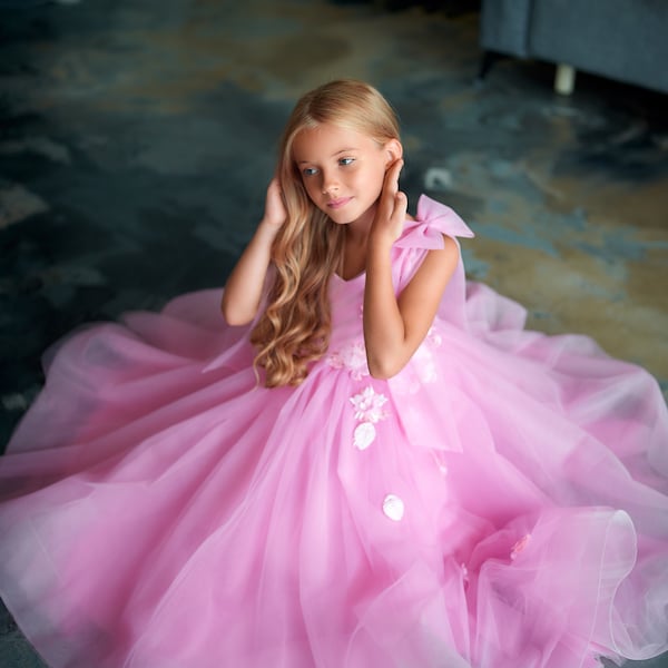 Pink  flower girl dress , Floral Floor Length Ball Gown , Tulle flower girl dress, Princess dress, Family photo dress, Toddler formal dress