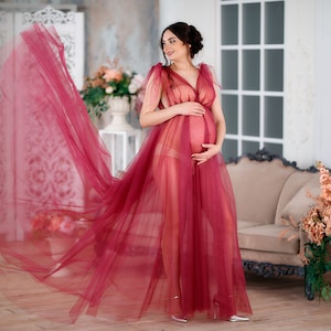 Burgundy Maternity gown, Maternity dress, Baby shower dress, Maternity dress for photo shoot, Sheer tulle dress