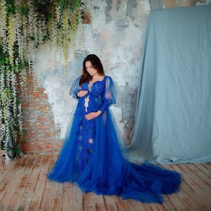 Maternity gown, Blue maternity dress, Sheer tulle dress, Baby shower dress, Maternity dress for photo shoot