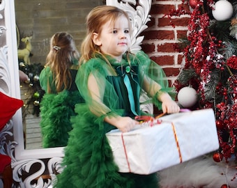 Meisje groene jurk, eerste verjaardag jurk, bloemenmeisje jurk, baby groene jurk, Tutu jurk, prinsessenjurk, feestjurk, kerstjurk