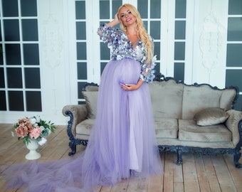 Purple maternity dress, Dress for Baby shower, Pregnancy gown for photoshoot, Maternity gown