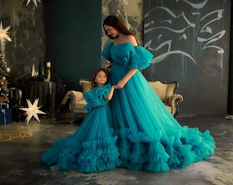 Mother daughter matching dresses, Turquoise mommy and me dress, Mommy and me dress photoshoot, Puff sleeve dress