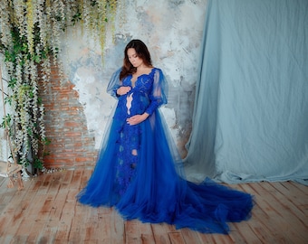 Vestido de maternidad, Vestido de maternidad azul, Vestido de tul transparente, Vestido de ducha para bebés, Vestido de maternidad para sesión de fotos