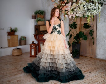 Fairy corset  Ombre dress, Prom dress, Evening dress, Sheer tulle dress ,Tulle and Lace tiered dress