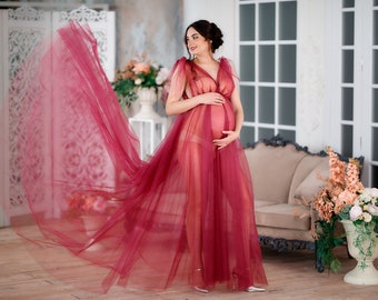 Bourgondische moederschapsjurk, moederschapsjurk, babyshowerjurk, moederschapsjurk voor fotoshoot, pure tule jurk