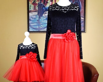 Red black mother daughter matching dress, Mommy and me outfits, Matching Christmas dress, Mommy and me dress, First birthday dresses