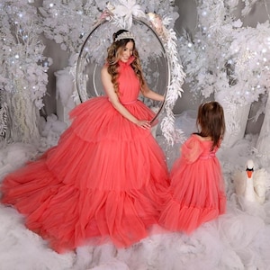 Mother daughter matching dress, Coral mommy and me outfits, Dresses for first birthday, Dresses for photo shoot