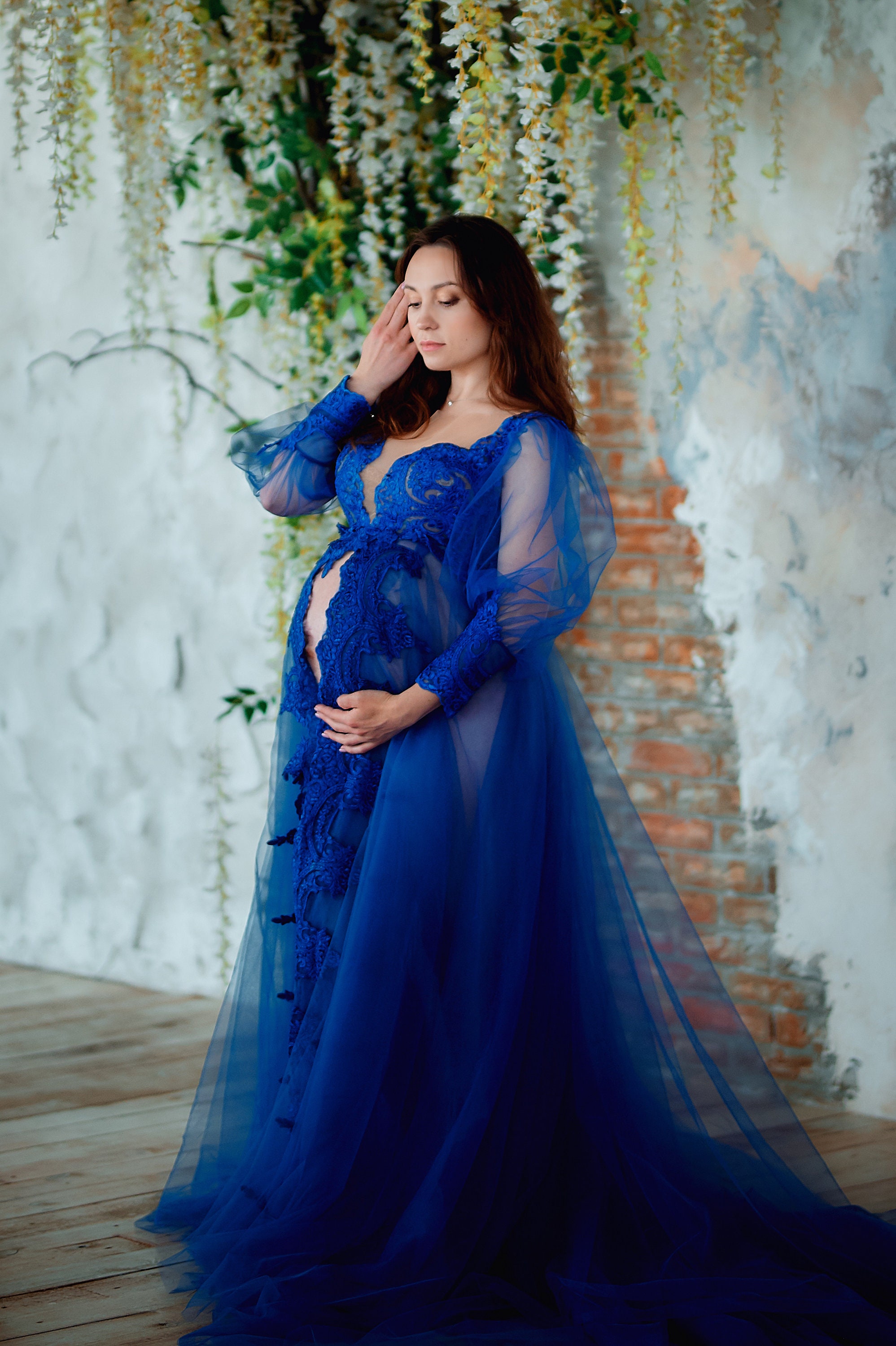 Maternity gown, Blue Maternity dress, Sheer tulle dress, Baby shower dress, Maternity dress for photo shoot