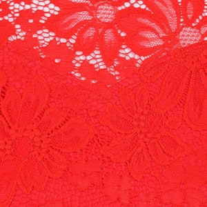 May include: Red lace fabric with a floral pattern. The lace is delicate and intricate, with a soft, flowing texture.