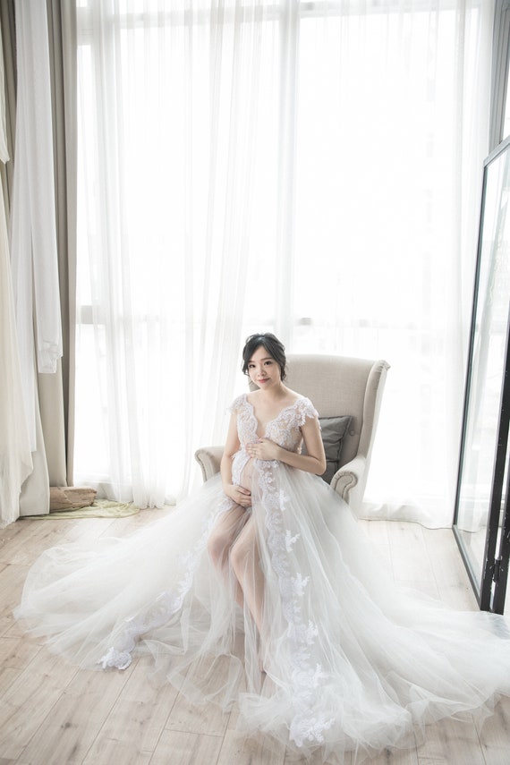 Long White Lace Maternity Dress, Pregnancy Gown for Photoshoot, Maternity Gown, Maternity Dress, Maternity Photo