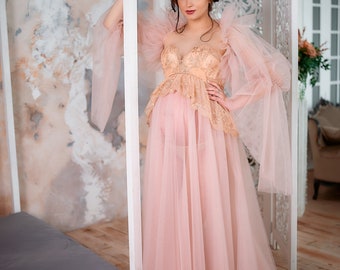 Tulle and Lace Maternity Gown, Corset Dress, Beige Baby Shower