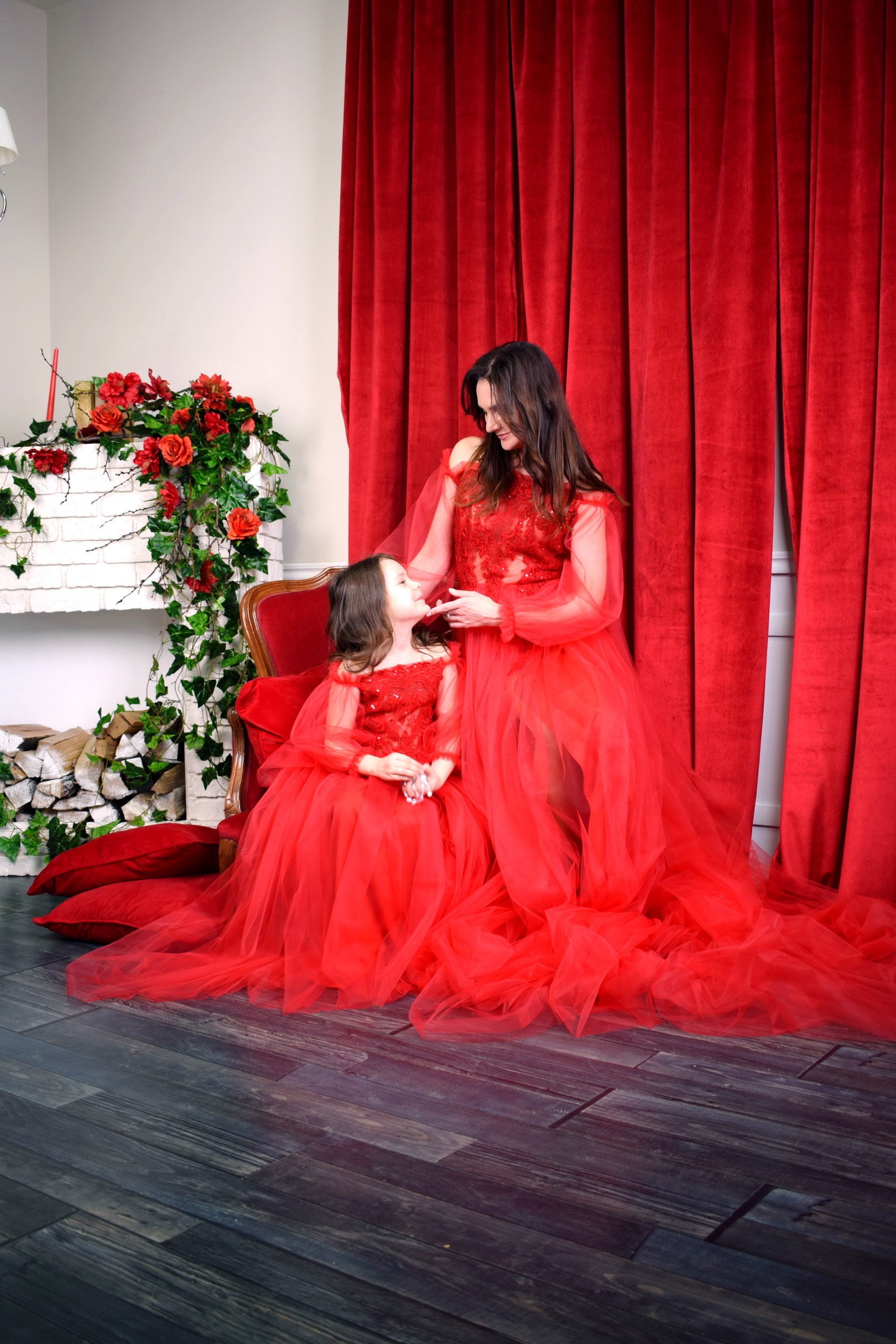 mom in red dress Mom Red Dress Son Posing Studio Stock Photo 400857847