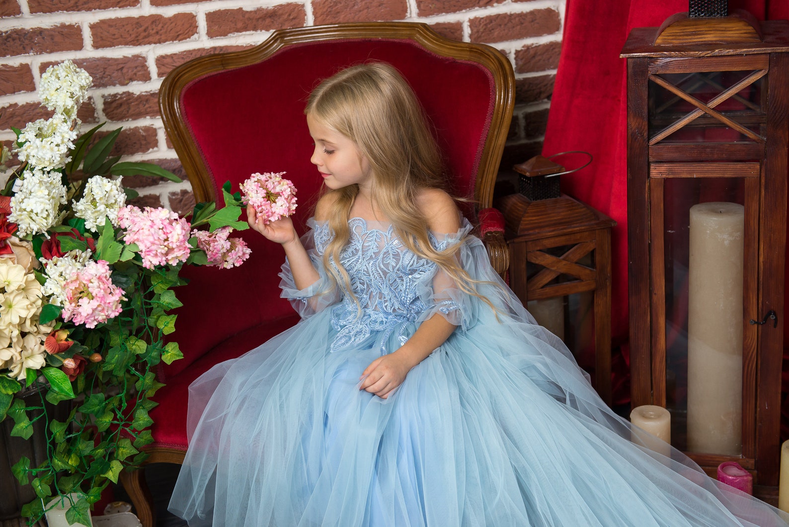 Girls Birthday Blue Dress Summer Flower Girl Princess Dress