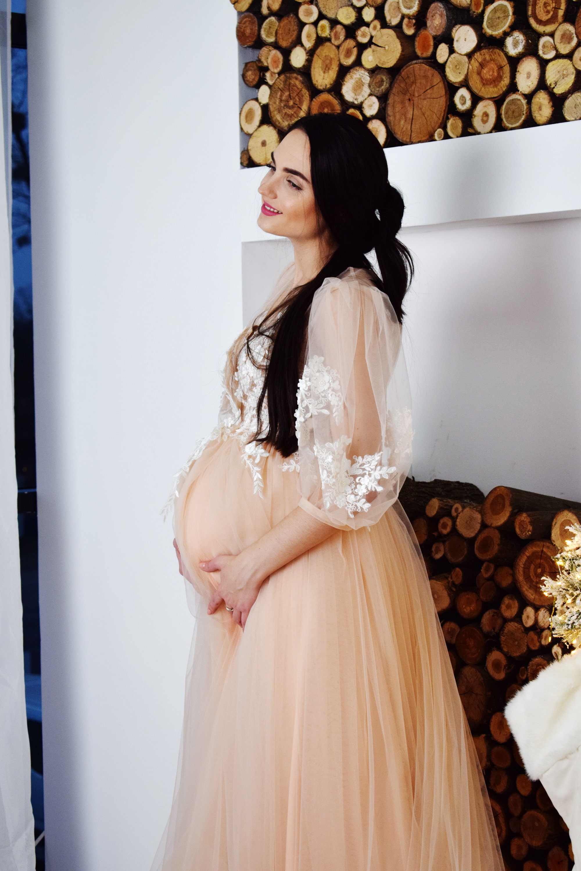 Long beige maternity dress Dress for Baby shower Dress for Etsy