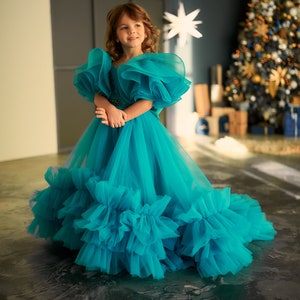 Aquamarine dress, Turquoise flower girl dress ,Tulle flower girl dress, Princess dress, Flower girl dress with train, Off the shoulder dress image 3