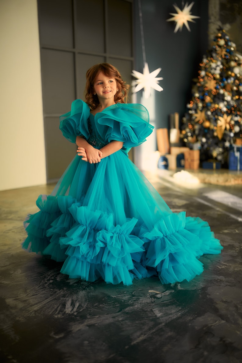 Aquamarine dress, Turquoise flower girl dress ,Tulle flower girl dress, Princess dress, Flower girl dress with train, Off the shoulder dress image 3