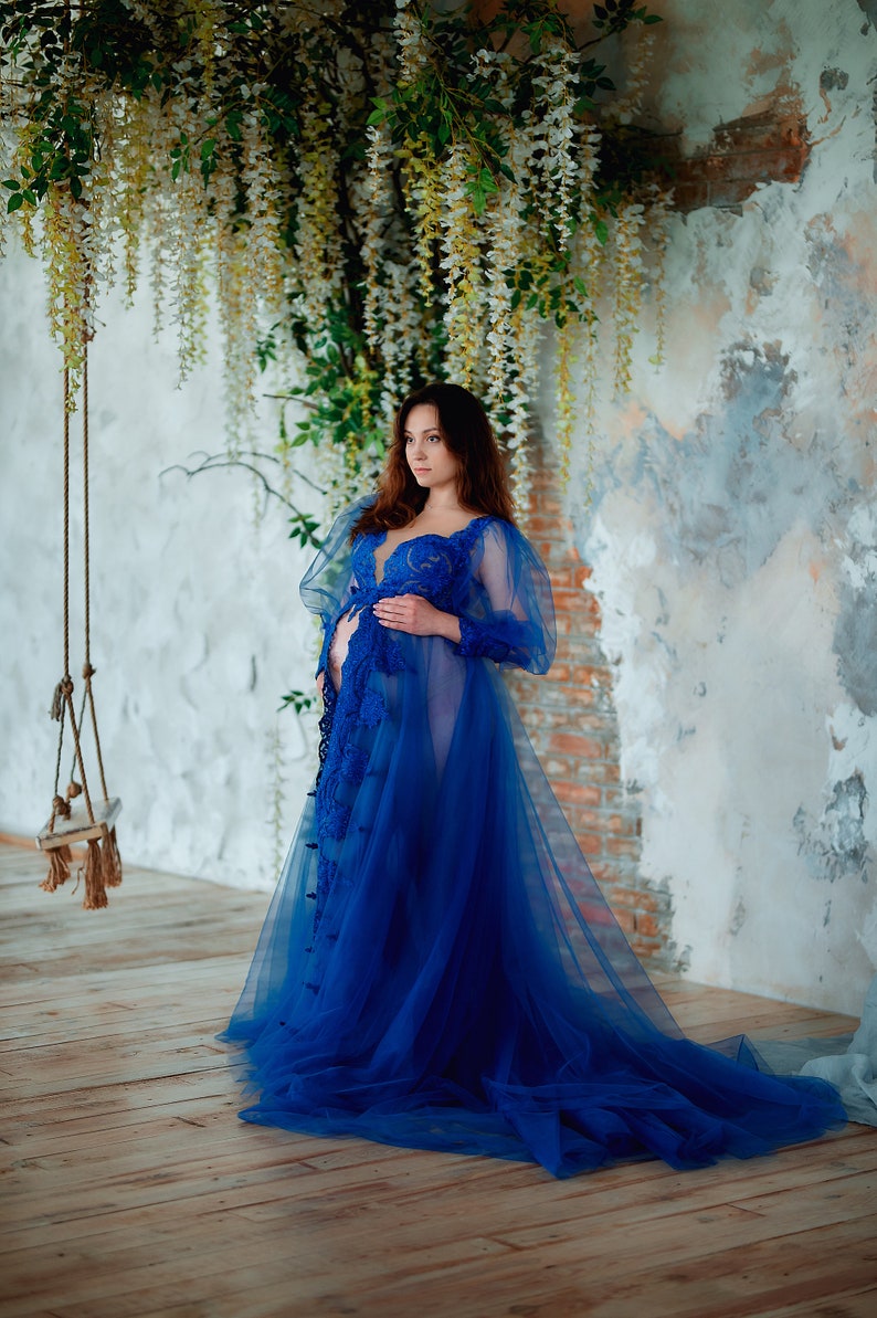Maternity gown Blue maternity dress Sheer tulle dress Baby Etsy