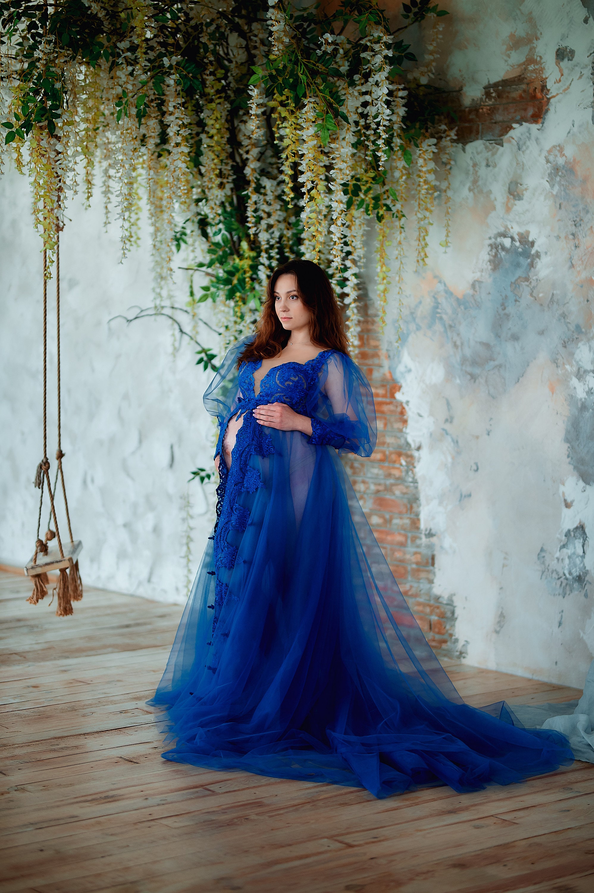 Maternity gown Blue maternity dress Sheer tulle dress Baby Etsy