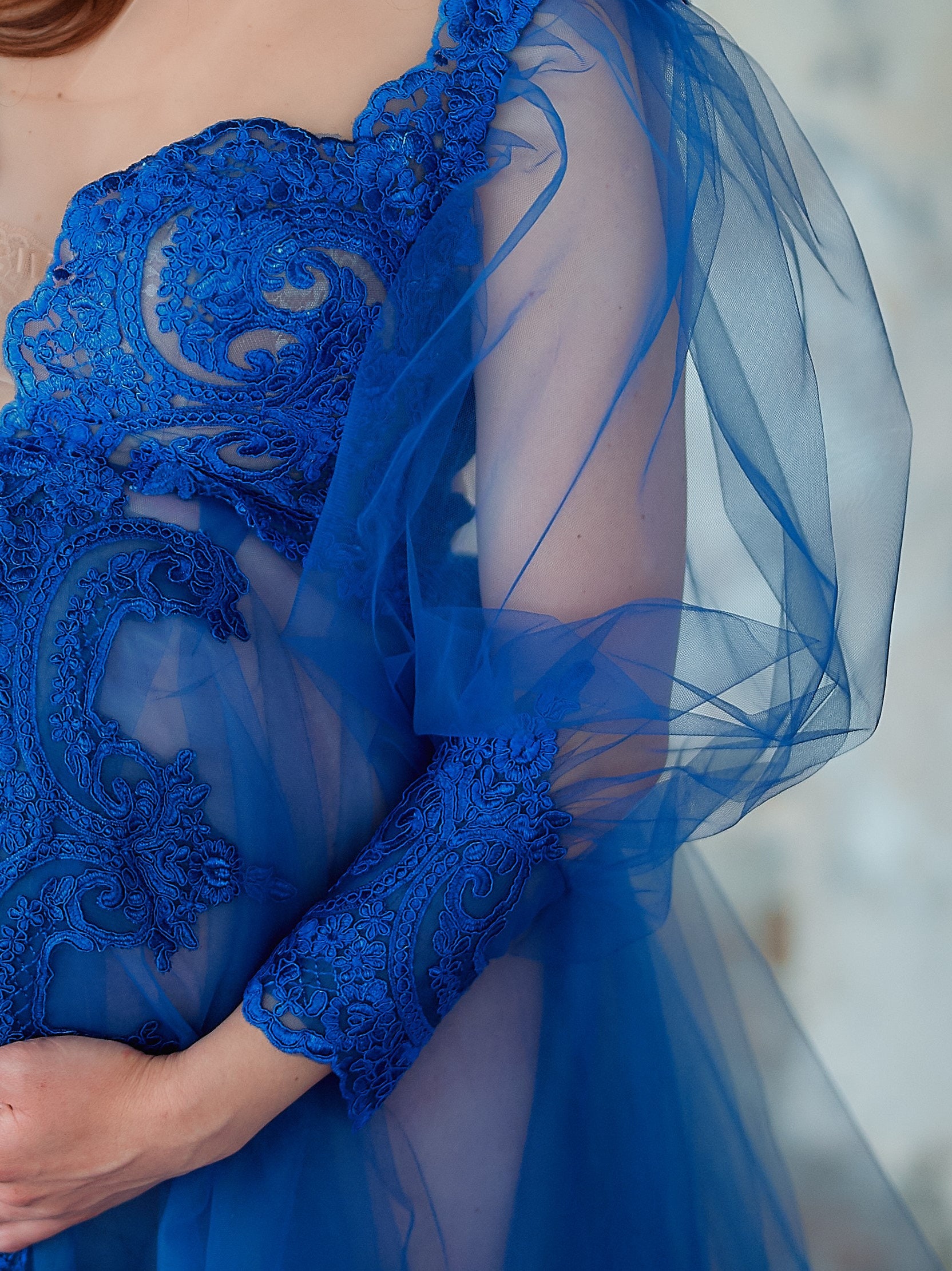 blue sheer maternity dress Kate Long Sleeve Satin Blue Custom Maternity Photoshoot Gowns, XXXL / 61#-Sapphire Blue main image 1