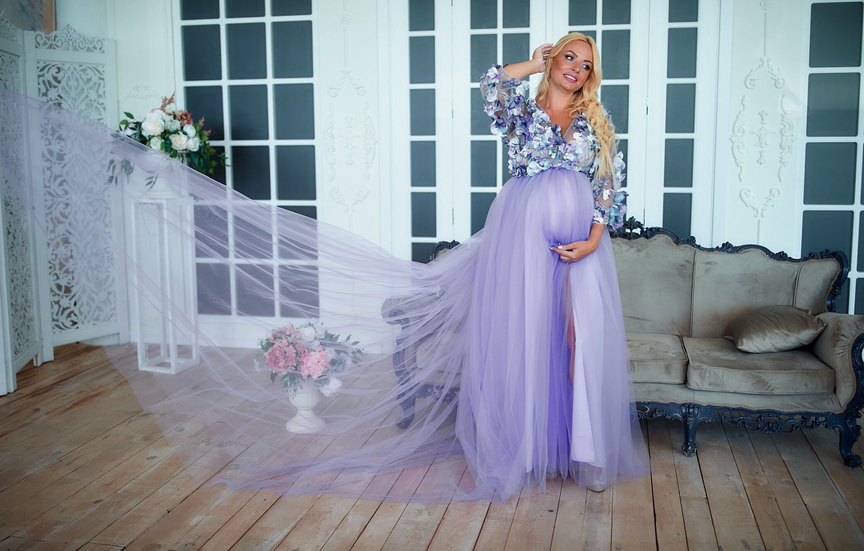 strapless open back dress Baby Shower Dress Double color Lavender – ZIVAMOMS main image 1