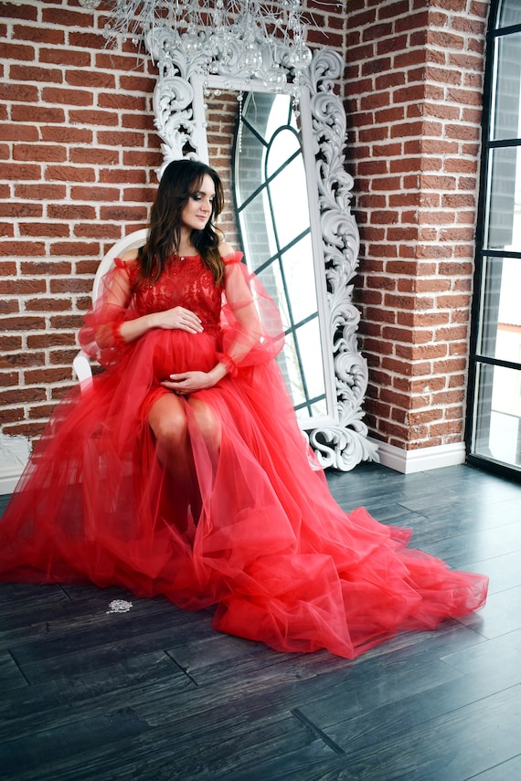 Long Red Maternity Dress Maternity Gown -