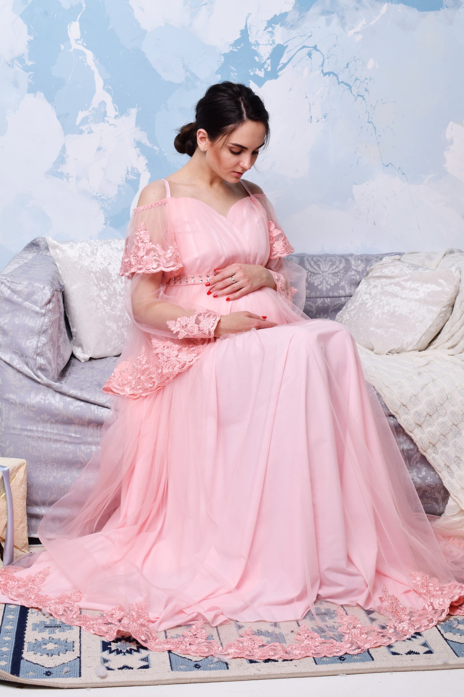 Long pink lace maternity dress Baby shower dress Maternity | Etsy