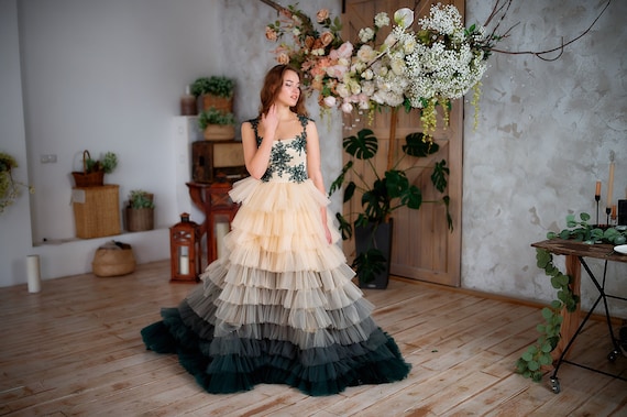 Fairy corset Ombre dress, Prom dress, Evening dress, Sheer tulle dress ,Tulle and Lace tiered dress