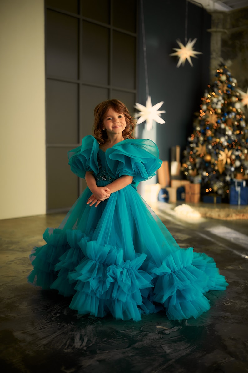 Aquamarine dress, Turquoise flower girl dress ,Tulle flower girl dress, Princess dress, Flower girl dress with train, Off the shoulder dress image 7